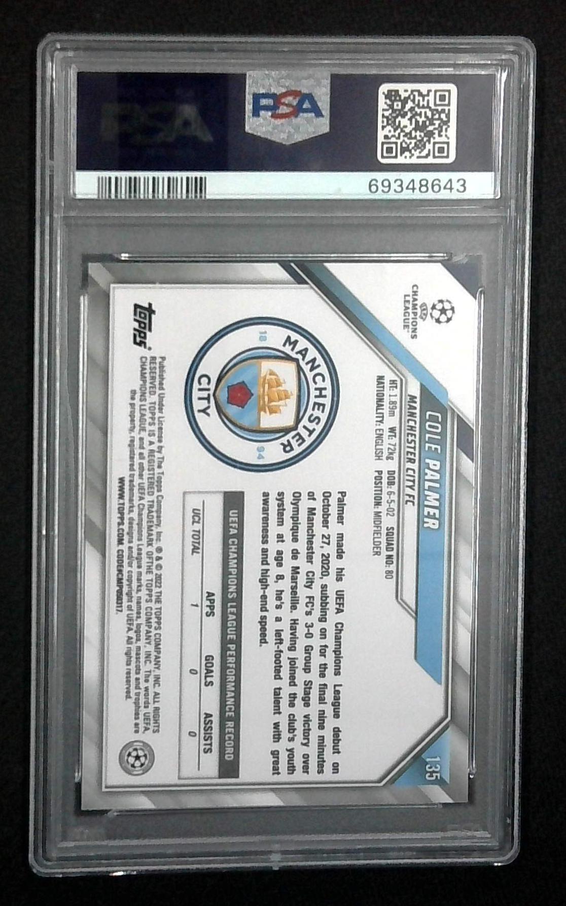 2021-22 Topps Chrome Sapphire UCL Cole Palmer Rookie Card RC #135 PSA 10 GEM