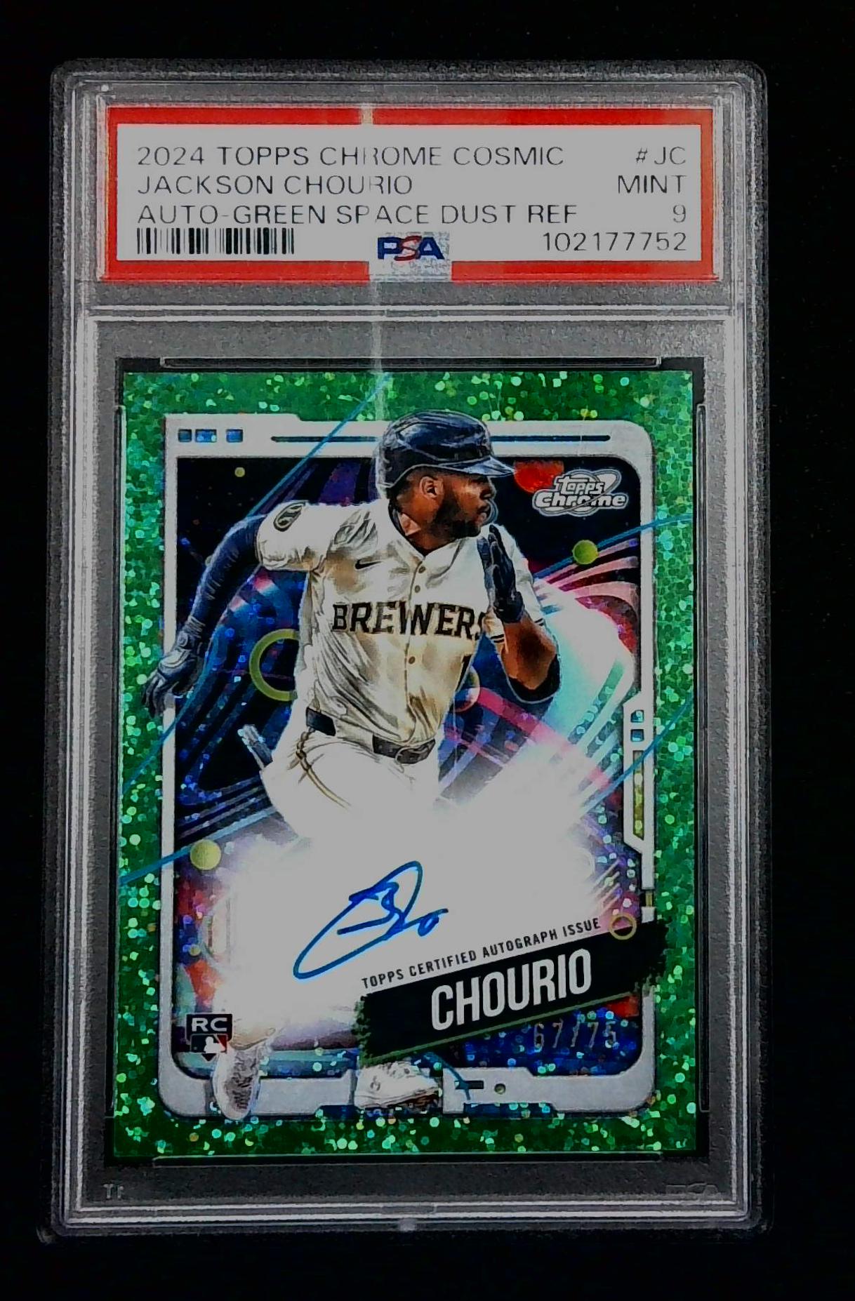2024 Topps Chrome Cosmic Jackson Chourio Rookie RC AUTO /75 Green Space Dust PSA 9