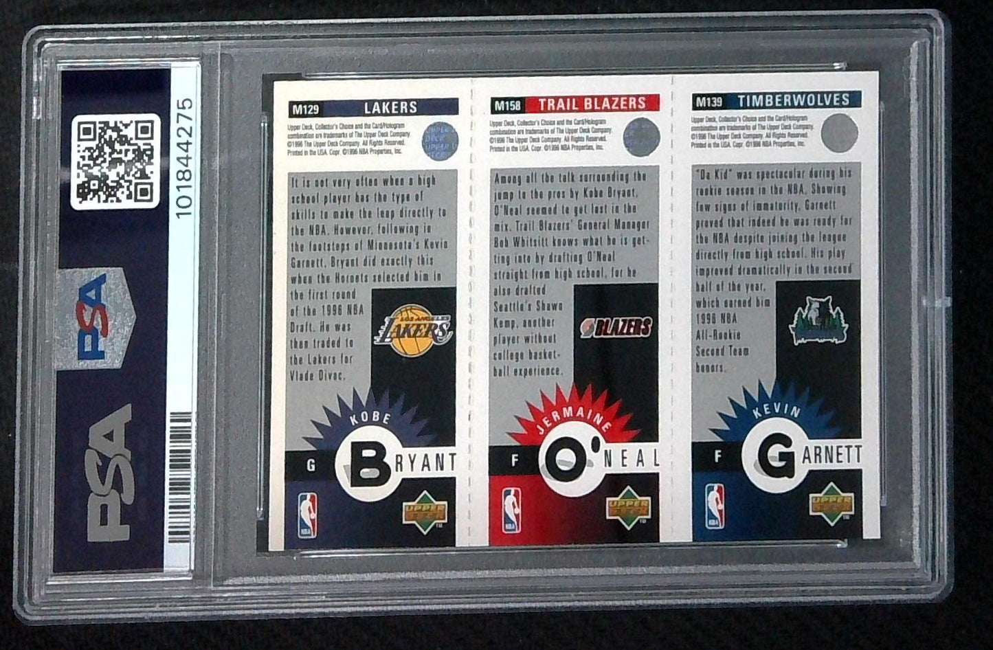 1996 COLLECTORS CHOICE KOBE BRYANT ROOKIE / K. GARNETT / J. O'NEAL PSA 8