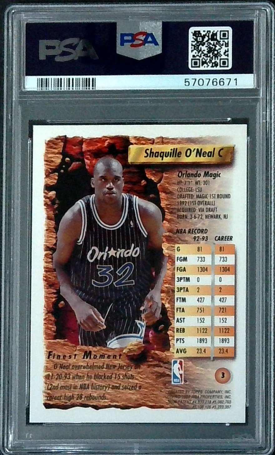 1993-94 Topps Finest Shaquille O'Neal #3 PSA 9 Magic