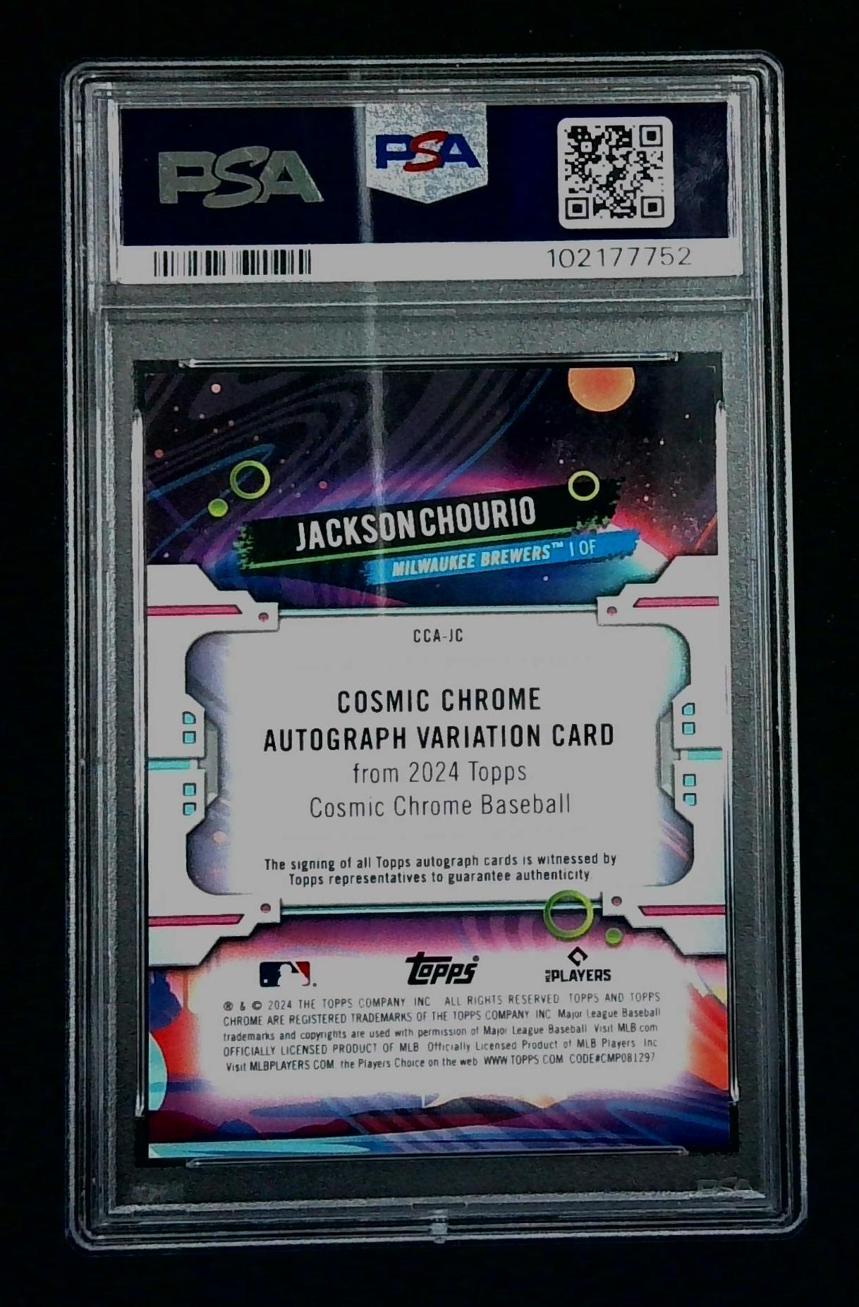 2024 Topps Chrome Cosmic Jackson Chourio Rookie RC AUTO /75 Green Space Dust PSA 9