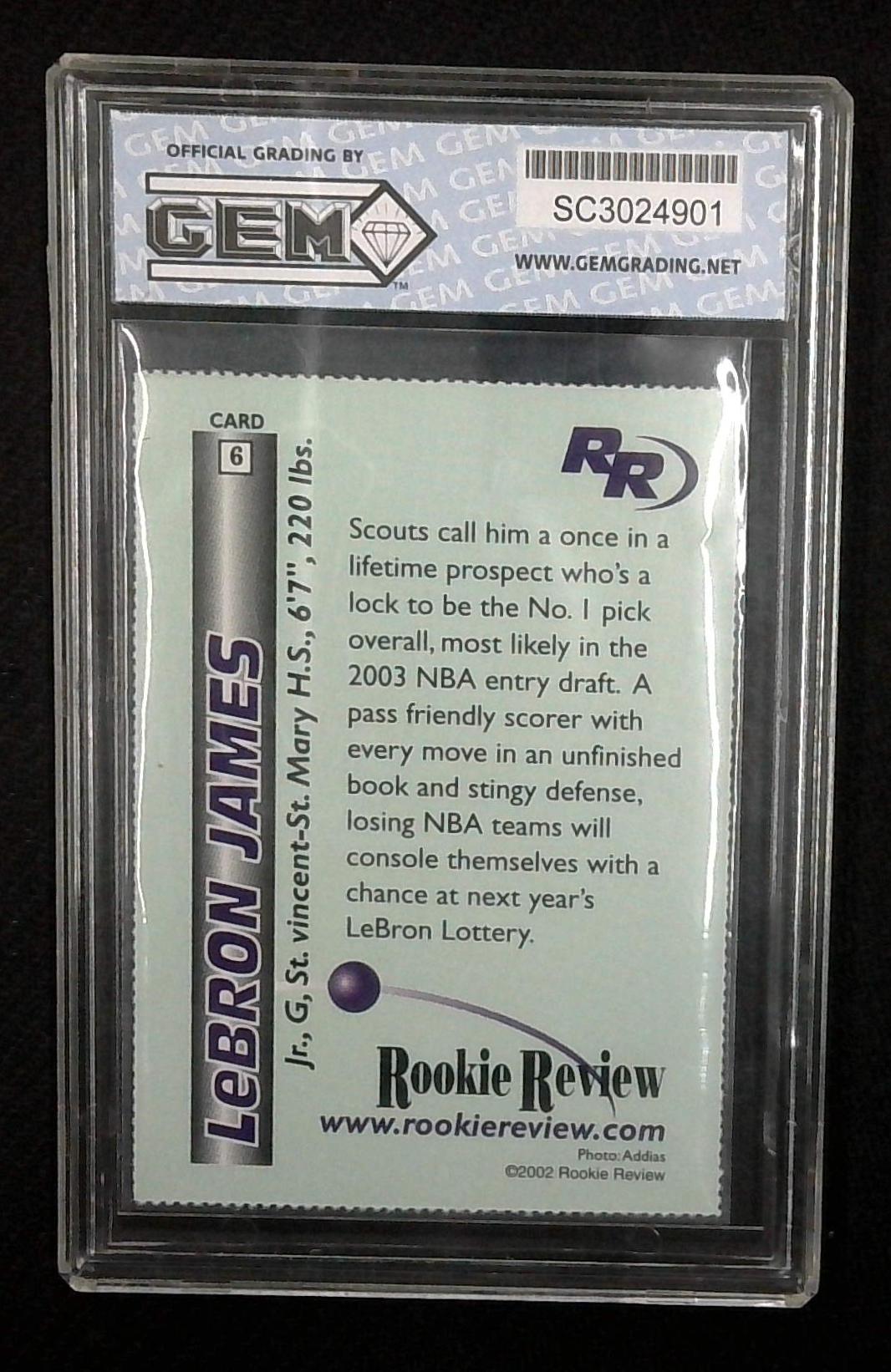 LeBron James 2002 Rookie Review Card #6 Gem Grading Inc. Gem Mint 10