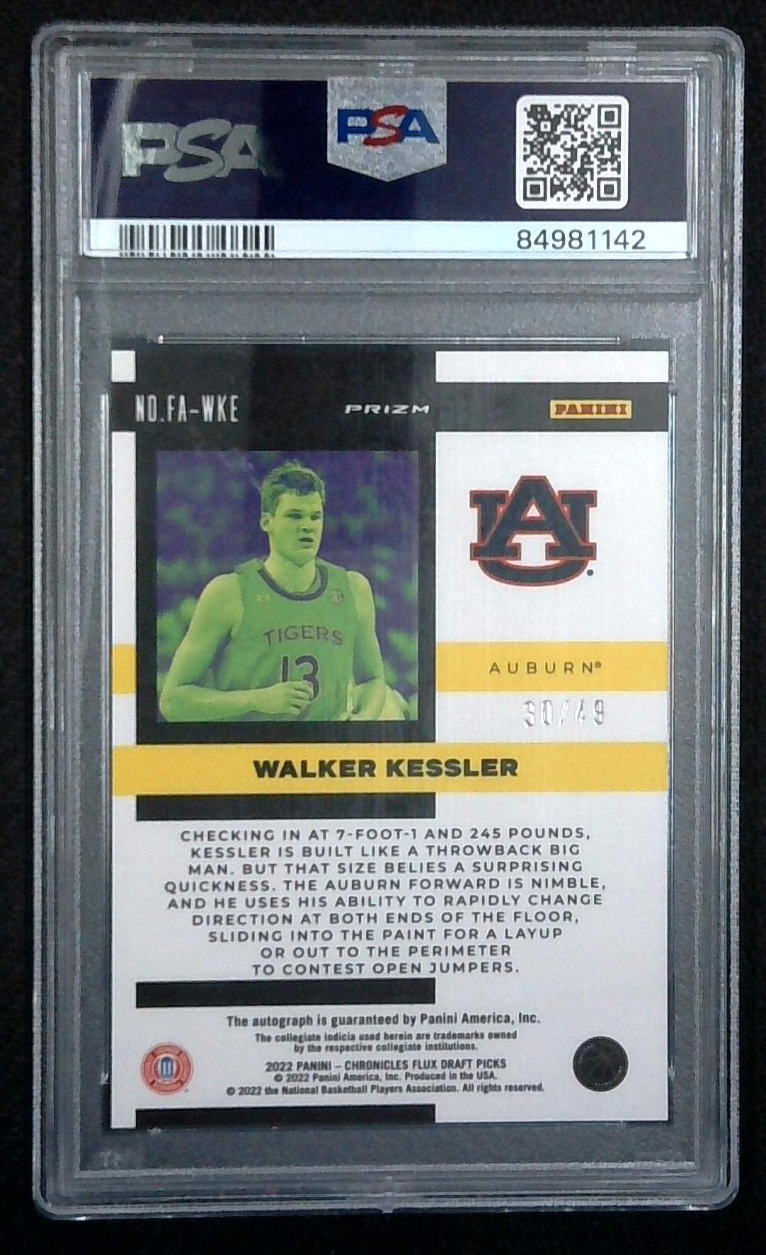 2022 PANINI CHRONICLES DRAFT FLUX BLUE /49 WALKER KESSLER AUTO AUBURN PSA 10