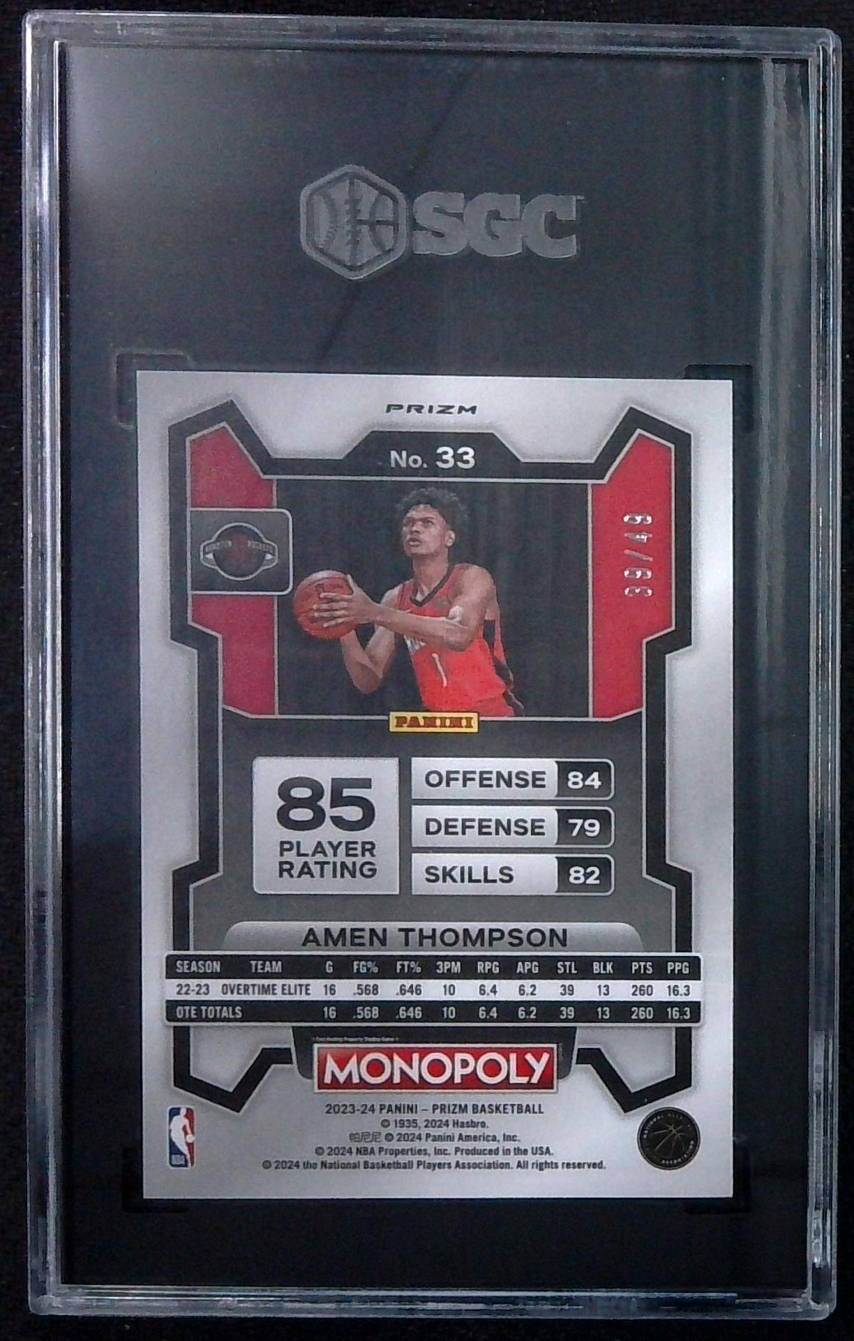AMEN THOMPSON 2023-24 Panini Prizm Monopoly Gold Prizm Rookie /49 (RC) SGC 9.5