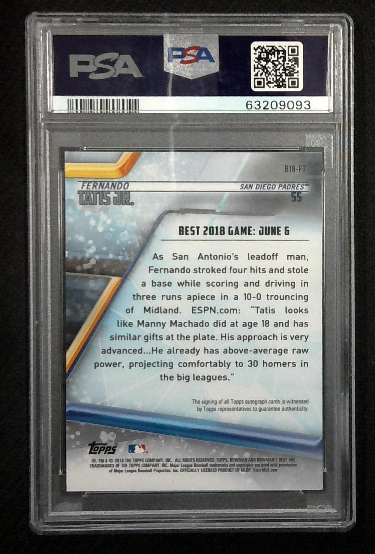 2018 Bowman's Best Fernando Tatis Jr. Best Of 2018 Auto PSA 9
