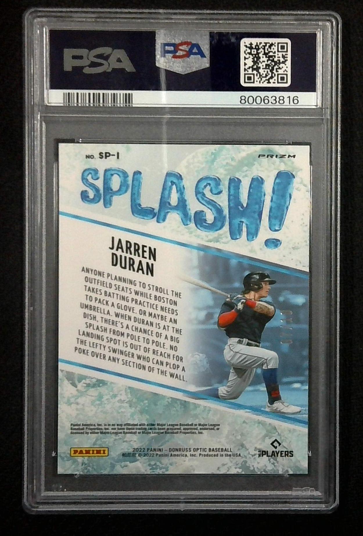 2022 Donruss Optic Jarren Duran Gold Splash 07/10 PSA 9