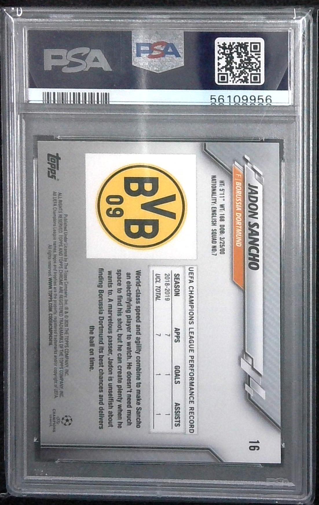 2019-20 Topps Chrome UCL Sapphire Edition #16 Jadon Sancho - PSA MINT 9