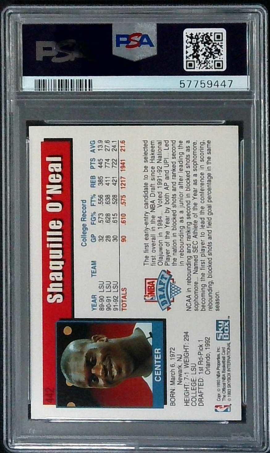1992 Hoops Shaquille O'Neal #442 Rookie RC Basketball Card PSA 10