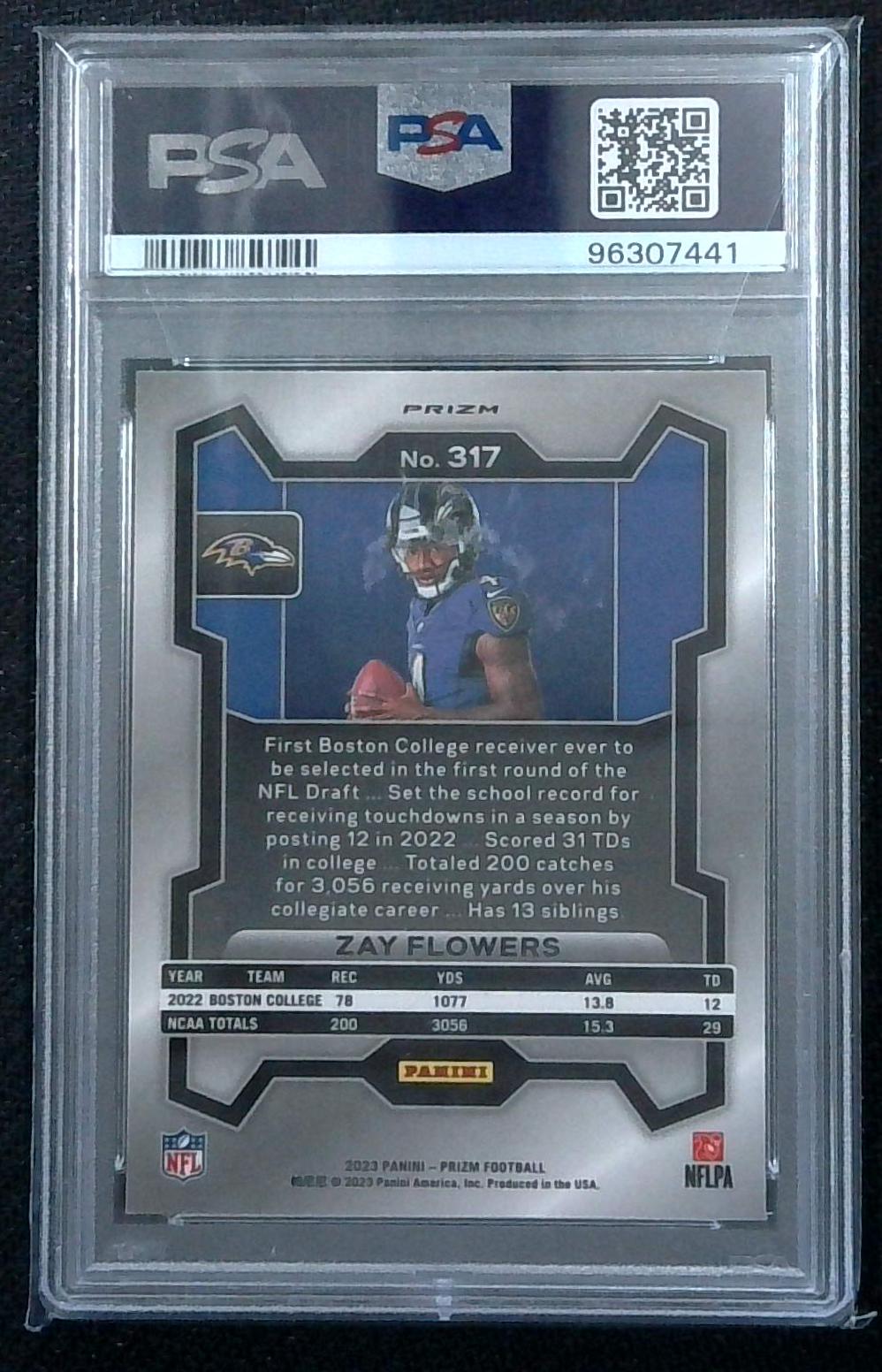 Zay Flowers 2023 Panini Prizm Football Silver Prizm SP Variation RC PSA 10