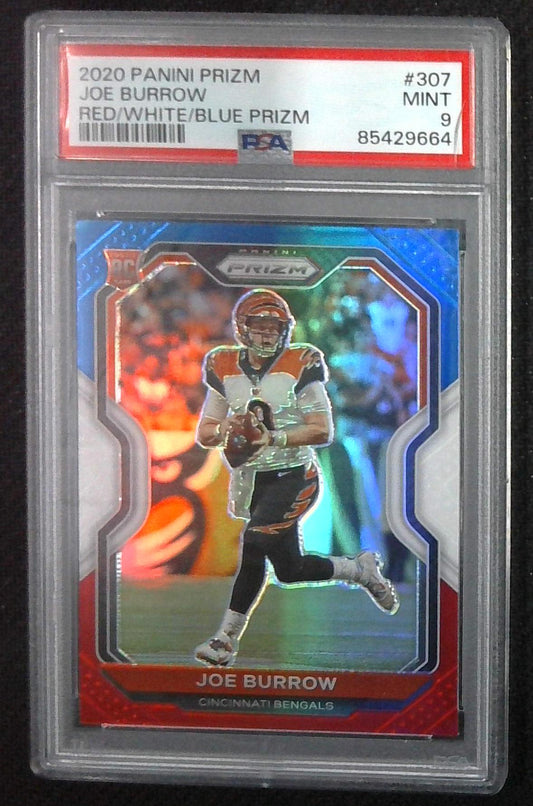 2020 Panini Prizm Joe Burrow Red White Blue Prizm Rookie RC #307 PSA 9