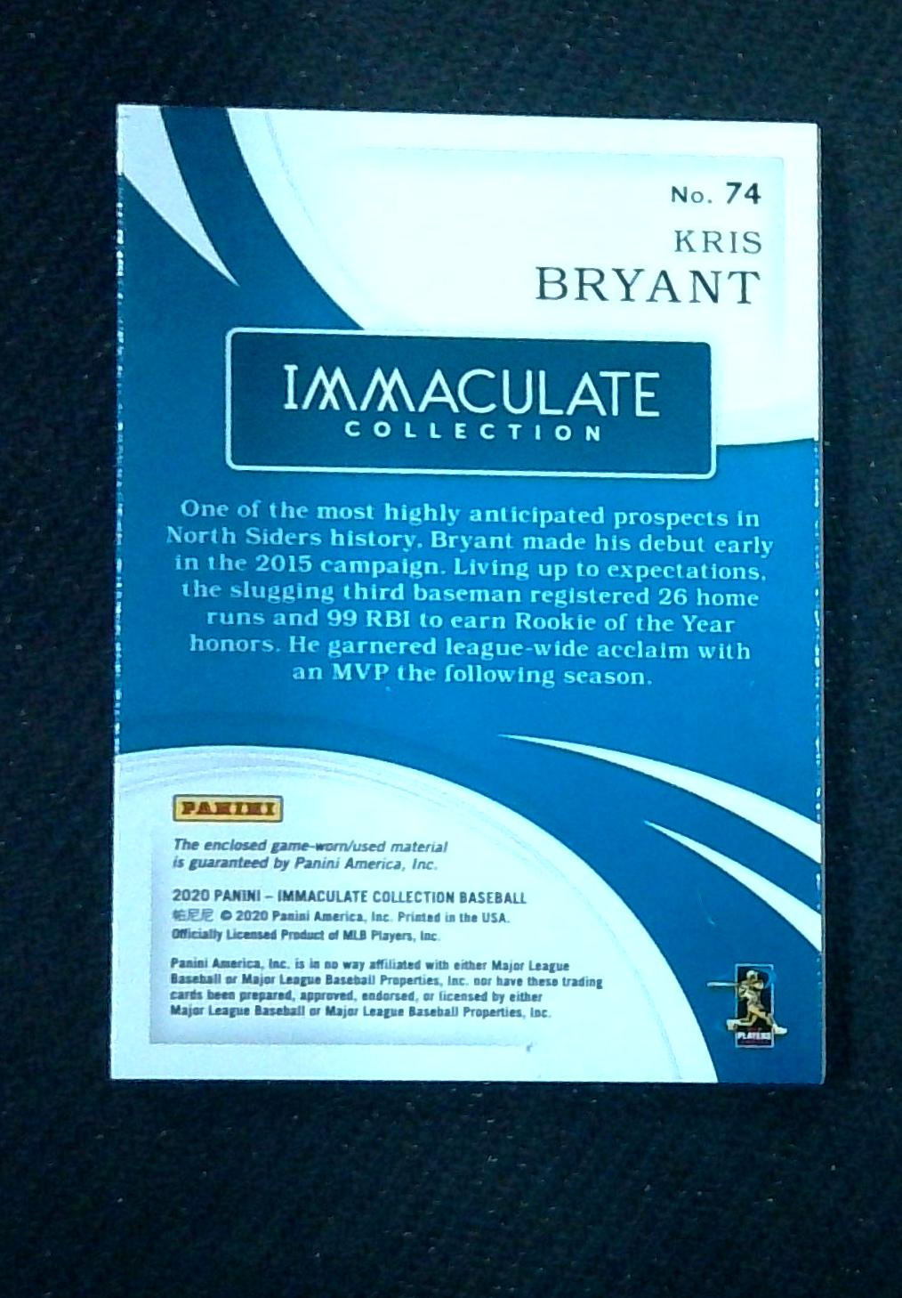 2020 IMMACULATE KRIS BRYANT GAME USED BAT RELIC BLUE SP #'D 17/25 CHICAGO CUBS