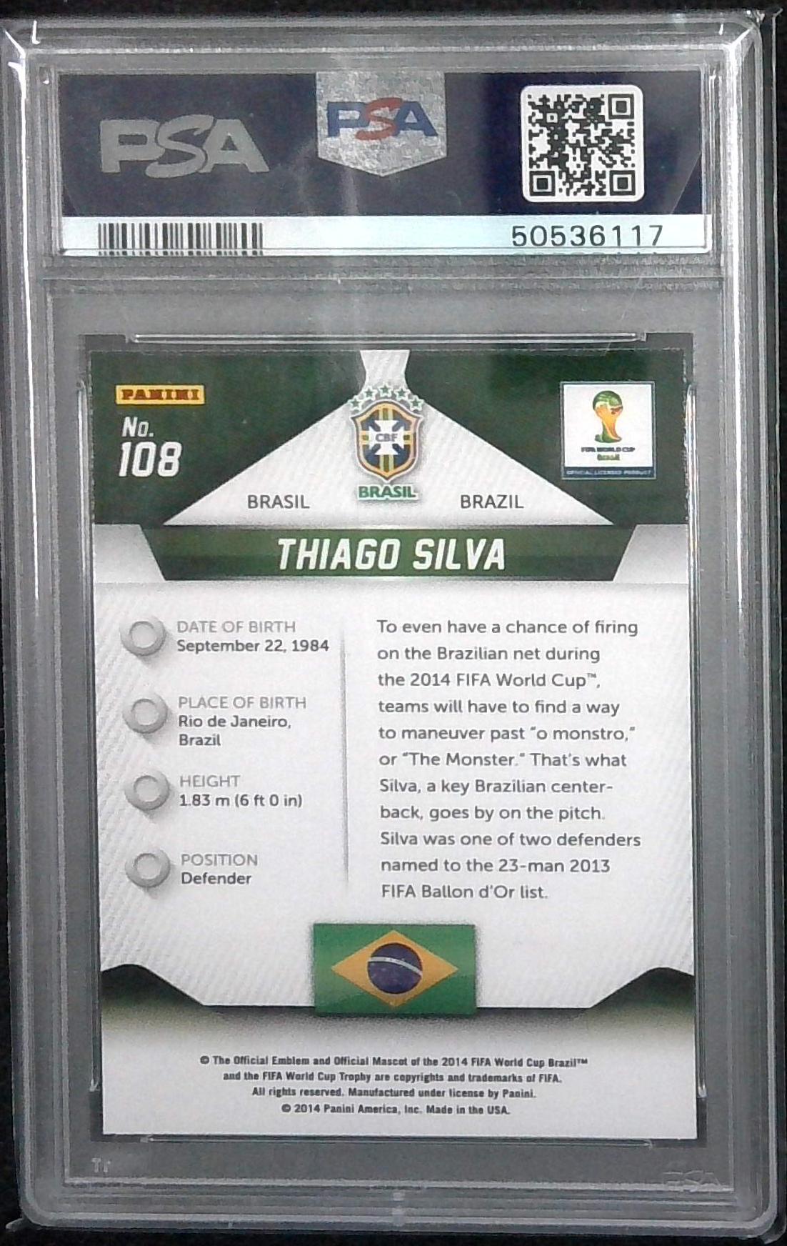 Panini Prizm World Cup Soccer 2014 #108 Thiago Silva PSA 9 Mint