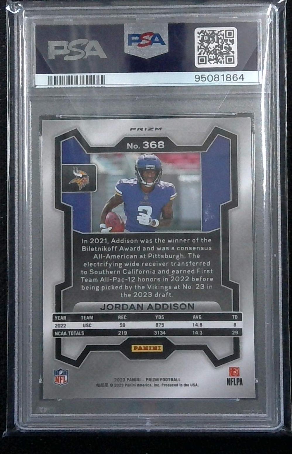 2023 PANINI PRIZM ORANGE Lazer #368 JORDAN ADDISON ROOKIE RC PSA 9