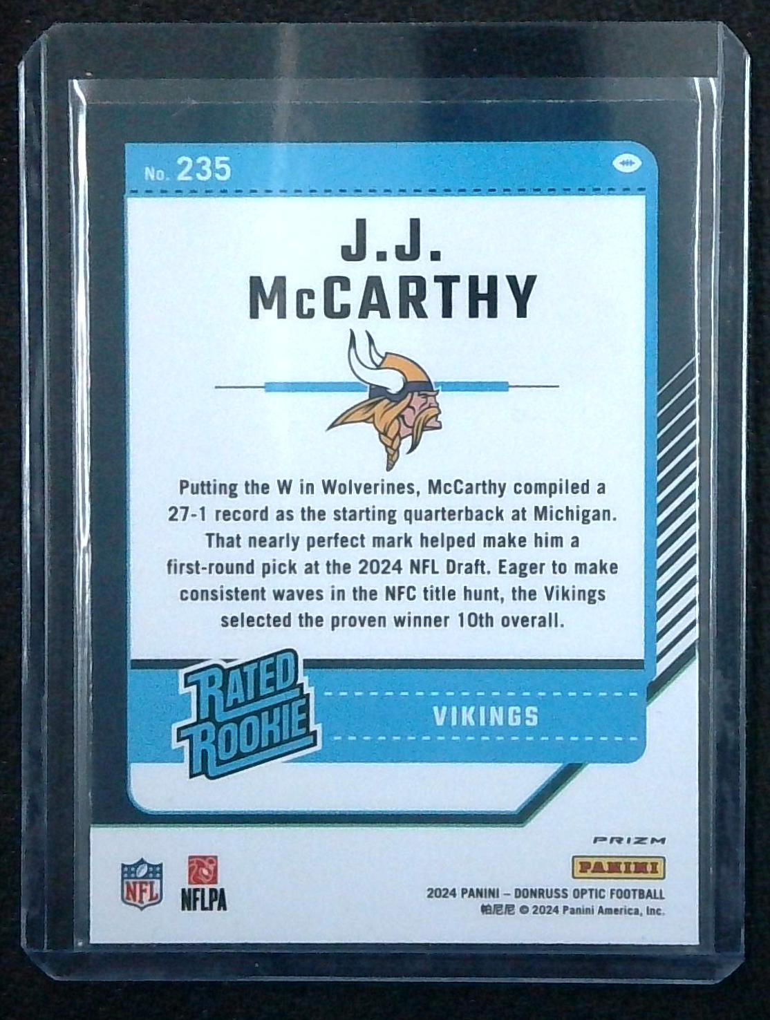 2024 Donruss Optic JJ McCARTHY #235 Rated Rookie Purple Shock Prizm Vikings RC