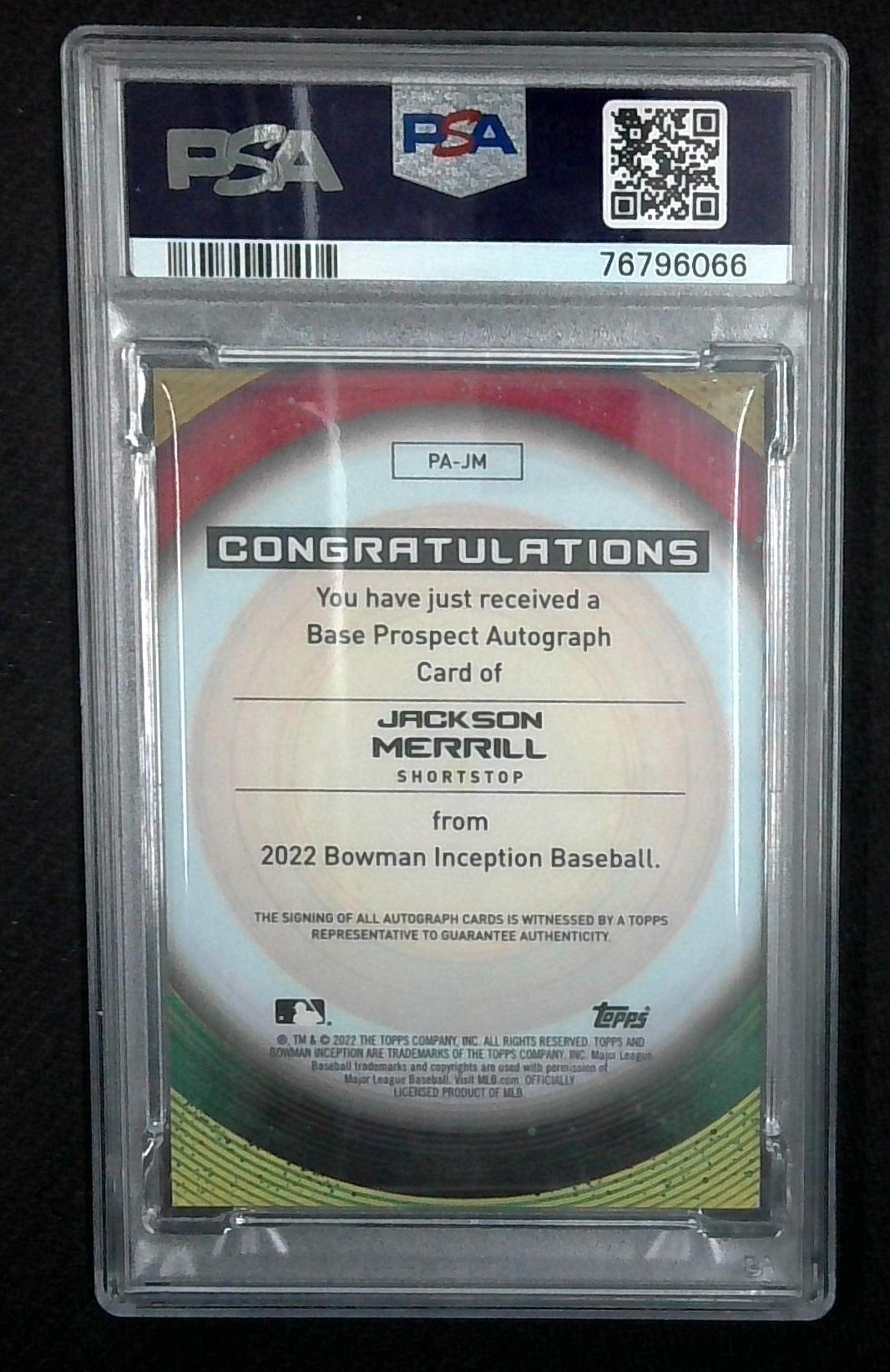 JACKSON MERRILL 2022 BOWMAN INCEPTION ORANGE FOIL PADRES AUTO /25 PSA 10