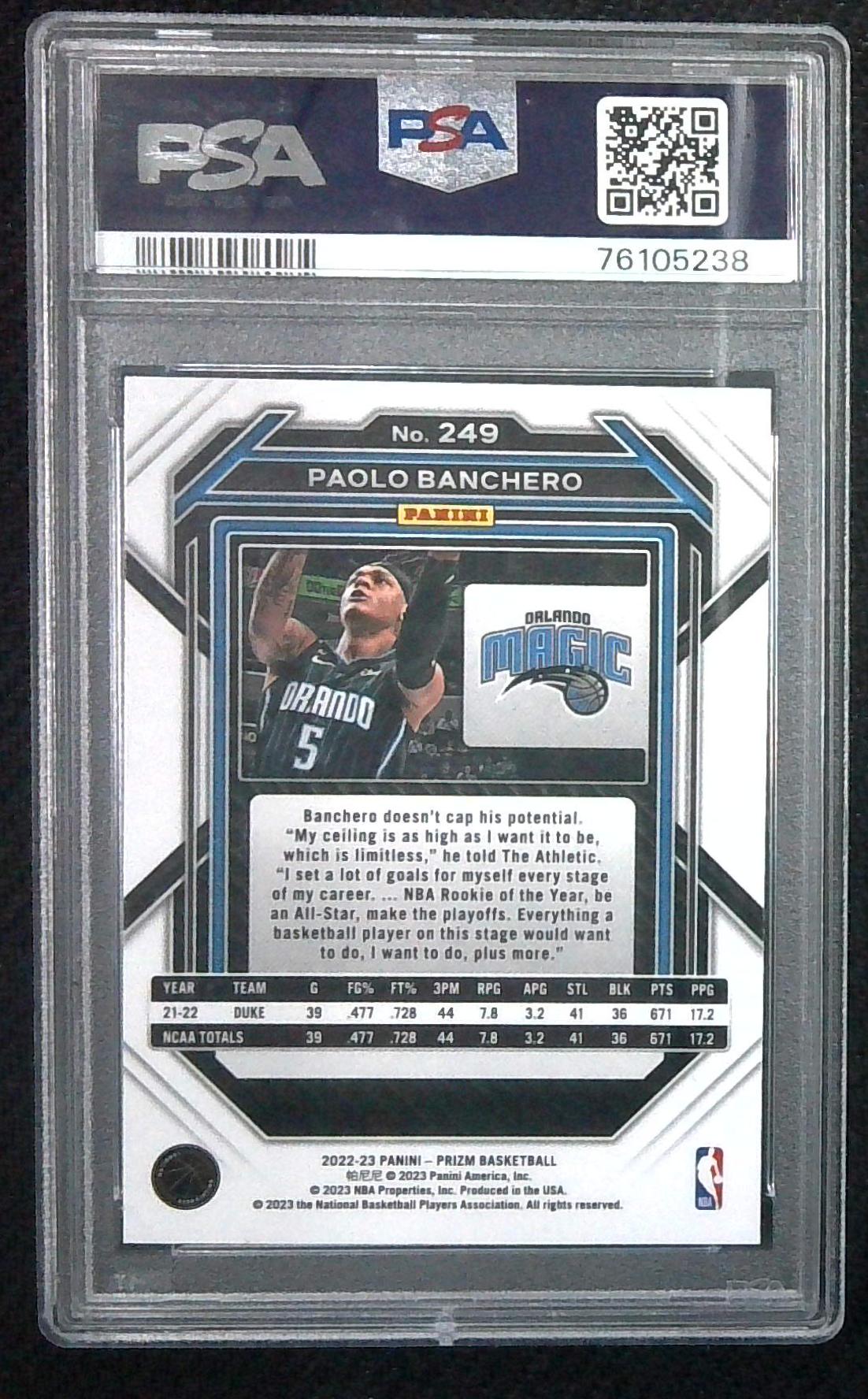 2022 Prizm Paolo Banchero Rookie PSA 9 Mint Orlando Magic RC