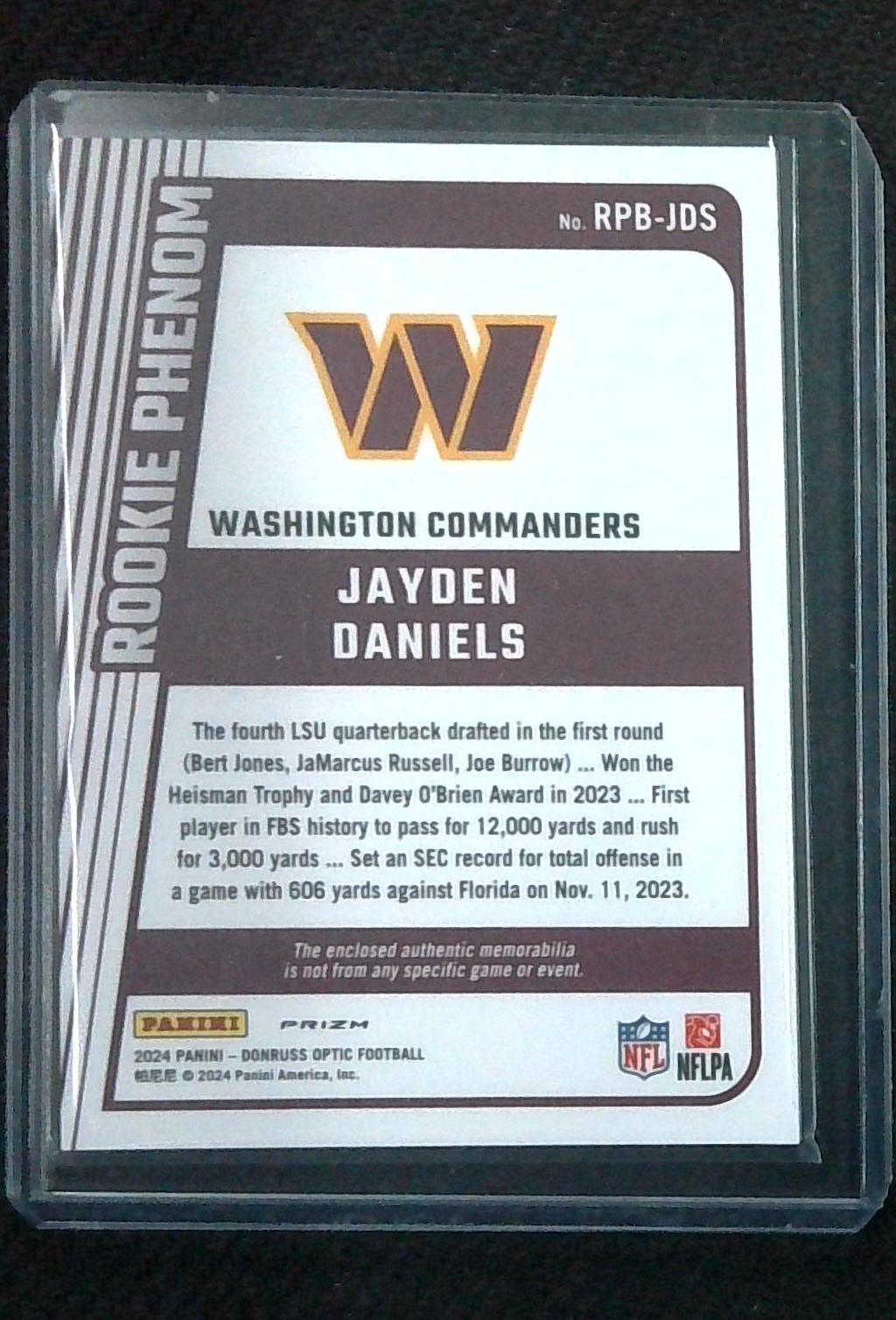 2024 OPTIC JAYDEN DANIELS RC HYPER BLUE PRIZM ROOKIE PHENOM RELIC RPB-JDS