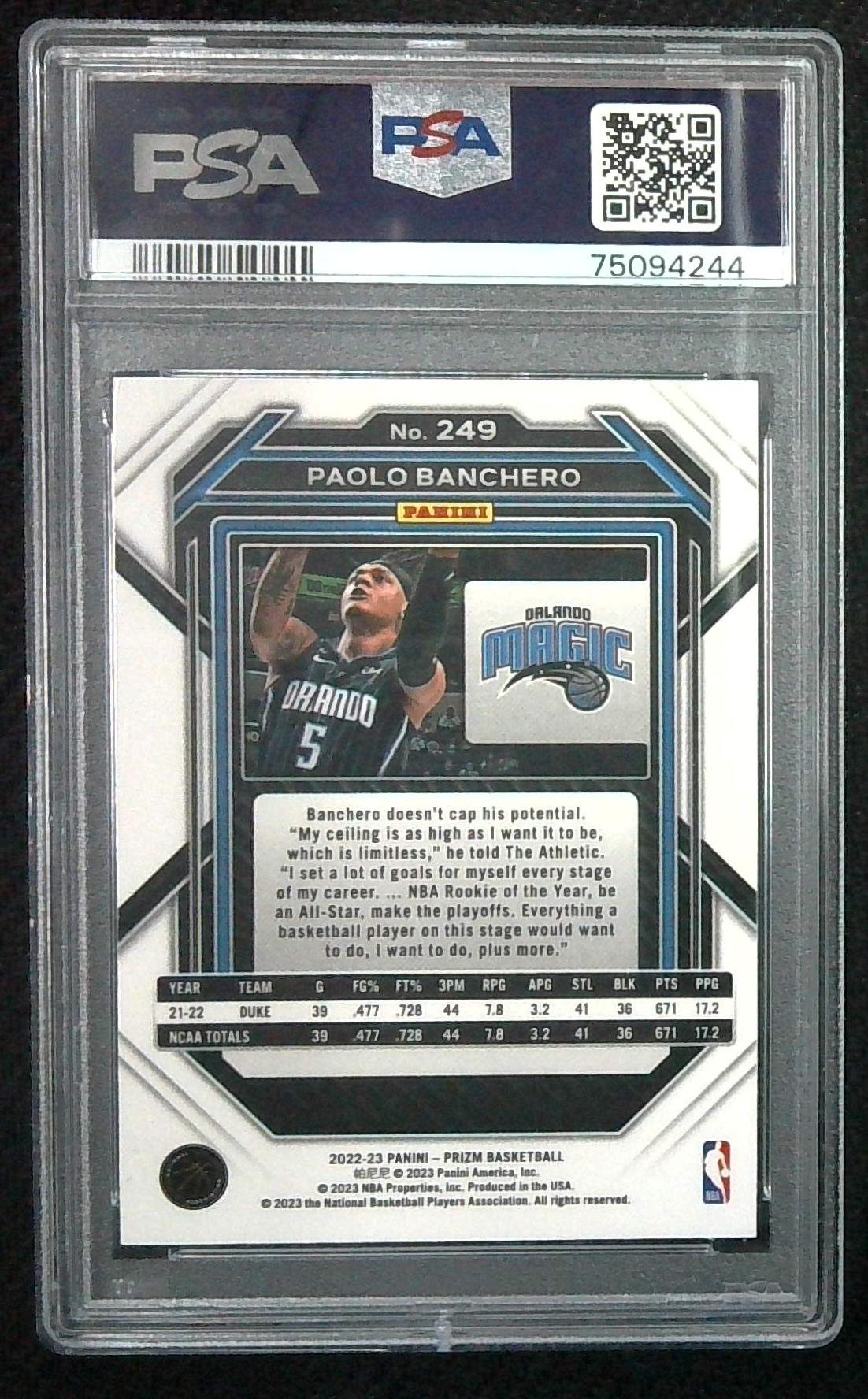 2022 PANINI PRIZM #249 PAOLO BANCHERO ROOKIE RC PSA 10