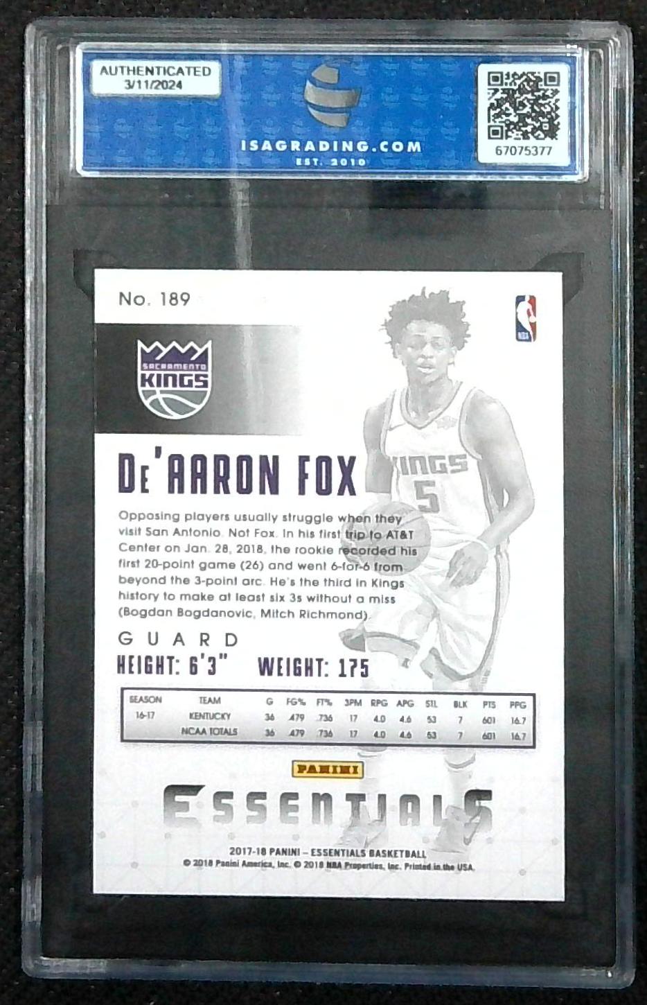 2017 Panini Essentials De'Aaron Fox ROOKIE RC #189 ISA 10