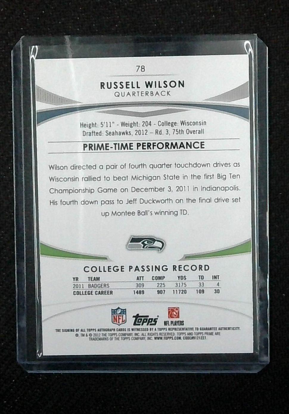 2012 Topps Prime Russell Wilson Rookie Auto RC # /286 #78 Seahawks