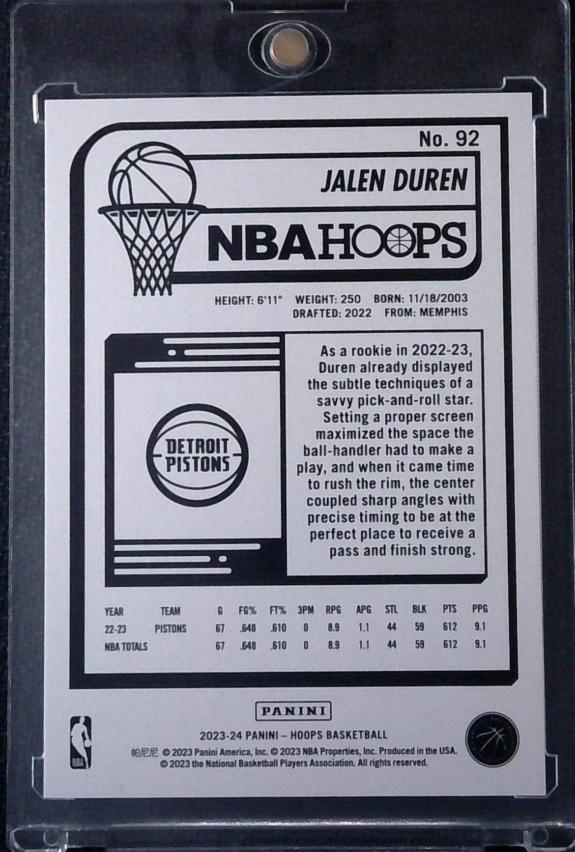 2023-24 Panini NBA Hoops Gravity #92 Jalen Duren /75 Detroit Pistons