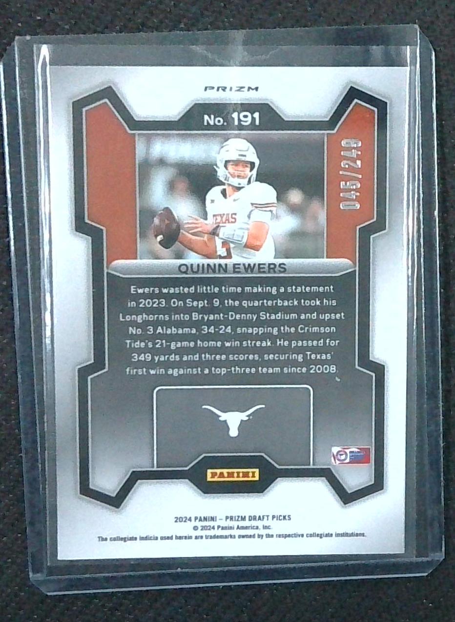 2024 Panini Prizm Draft Picks Quinn Ewers Blue Wave Prizm /249 #191 Longhorns