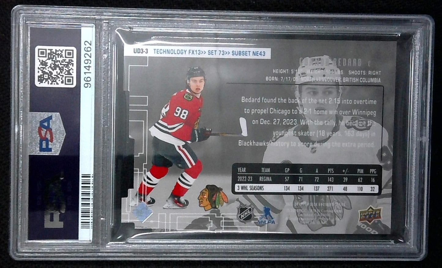 2023 Upper Deck Extended Series 1998-99 UD3 Connor Bedard PSA 9 MINT Rookie RC