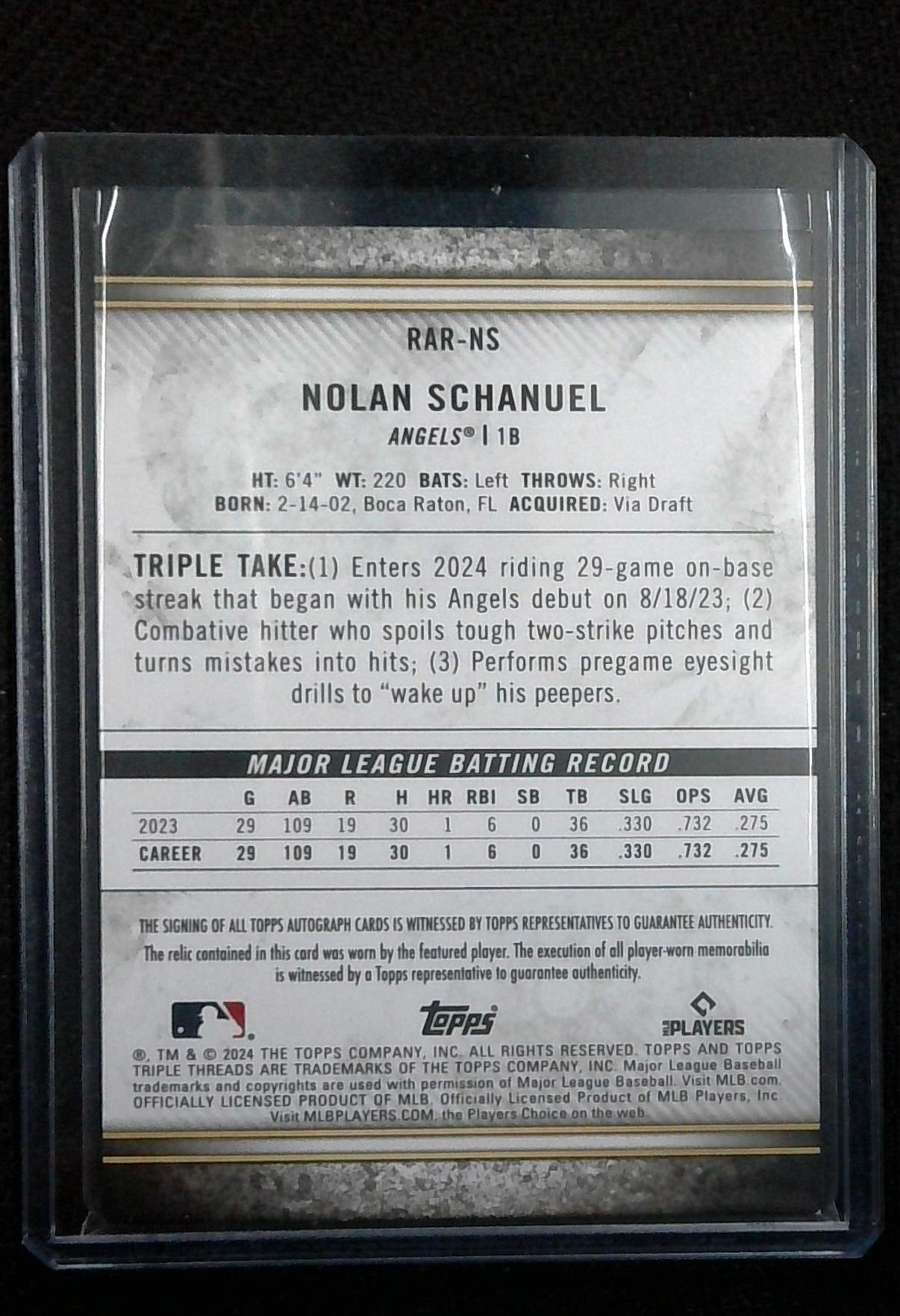 2024 TOPPS TRIPLE THREADS NOLAN SCHANUEL ROOKIE PATCH ON CARD AUTO /99