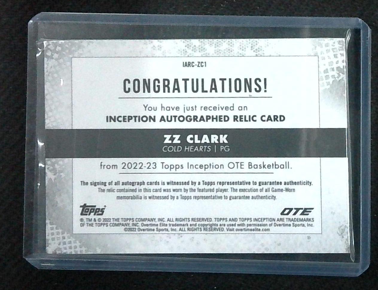 2022 Topps Inception OTE Shoe Relic ZZ Clark ROOKIE AUTO /25