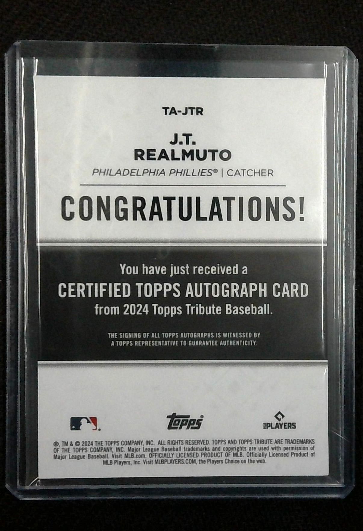 2024 Topps Tribute #TA-JTR J.T. Realmuto Autographs /150 Auto Phillies ON CARD