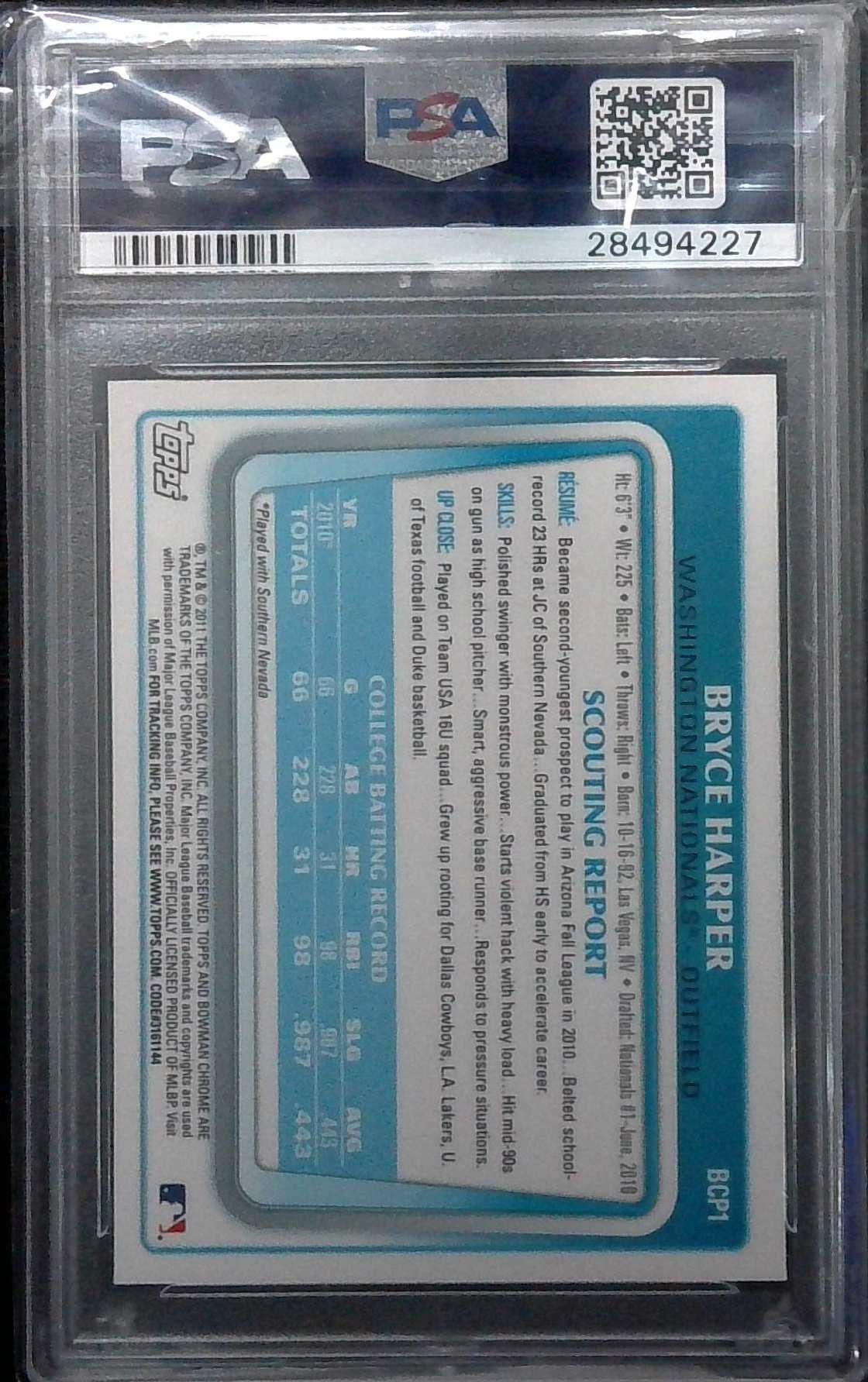 2011 Bowman Chrome Bryce Harper Prospects PSA 9