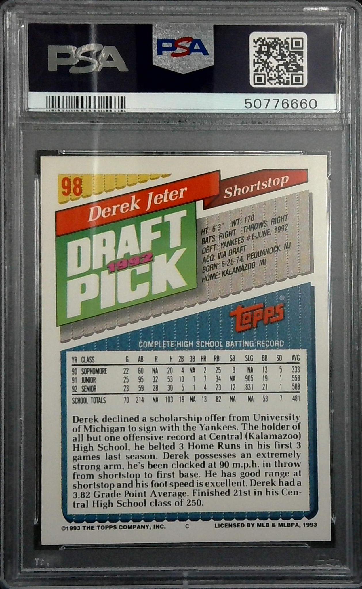 1993 Topps #98 Derek Jeter Rookie Card PSA 7 Yankees