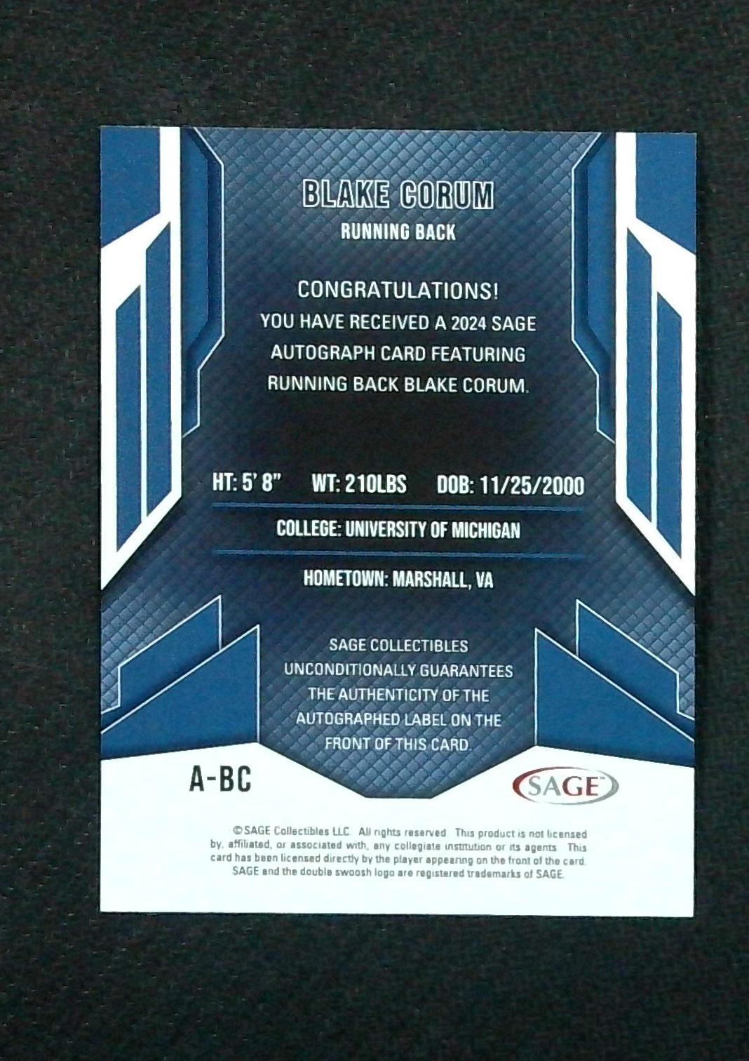2024 Sage Blake Corum Auto /100 Rams