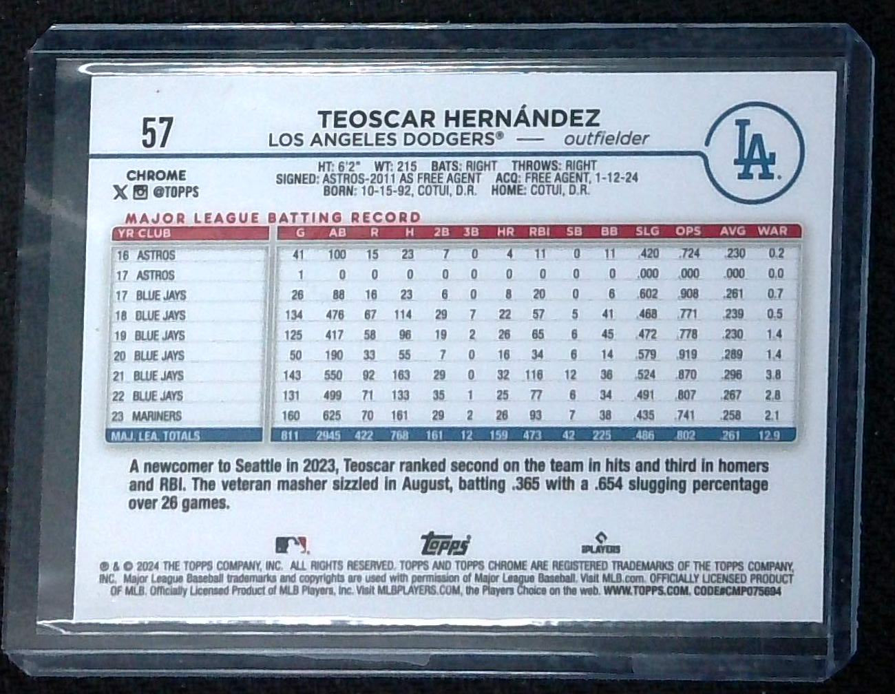 2024 Topps Chrome - Gold Wave Refractor #57 Teoscar Hernandez 24/50 Dodgers
