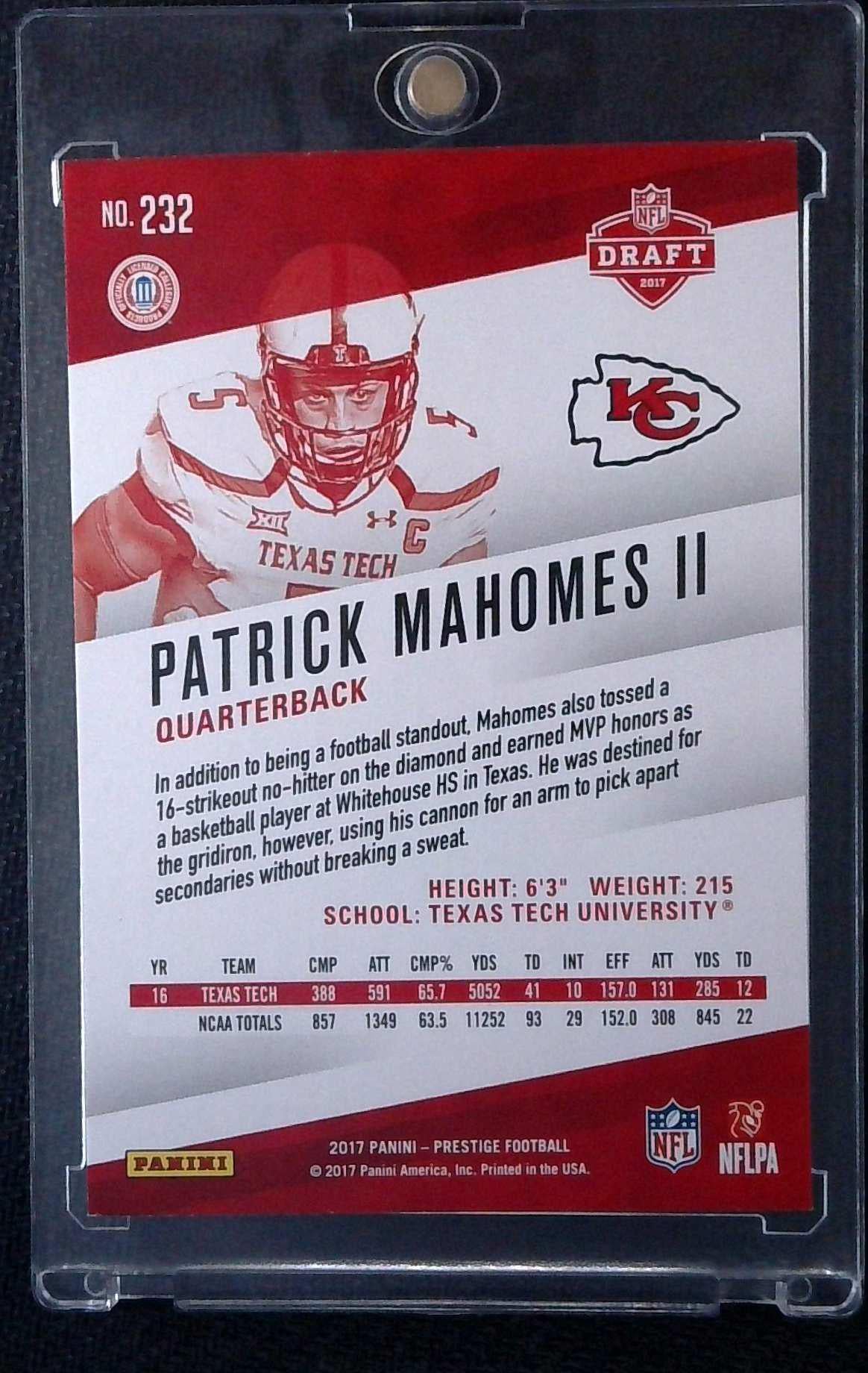 2017 Panini Prestige Patrick Mahomes II Rookie RC #232 Kansas City Chiefs
