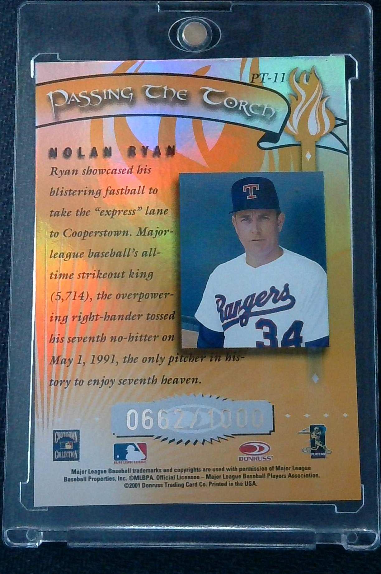 2001 NOLAN RYAN DONRUSS ELITE PASSING THE TORCH GOLD HOLO REFRACTOR /1000 SP