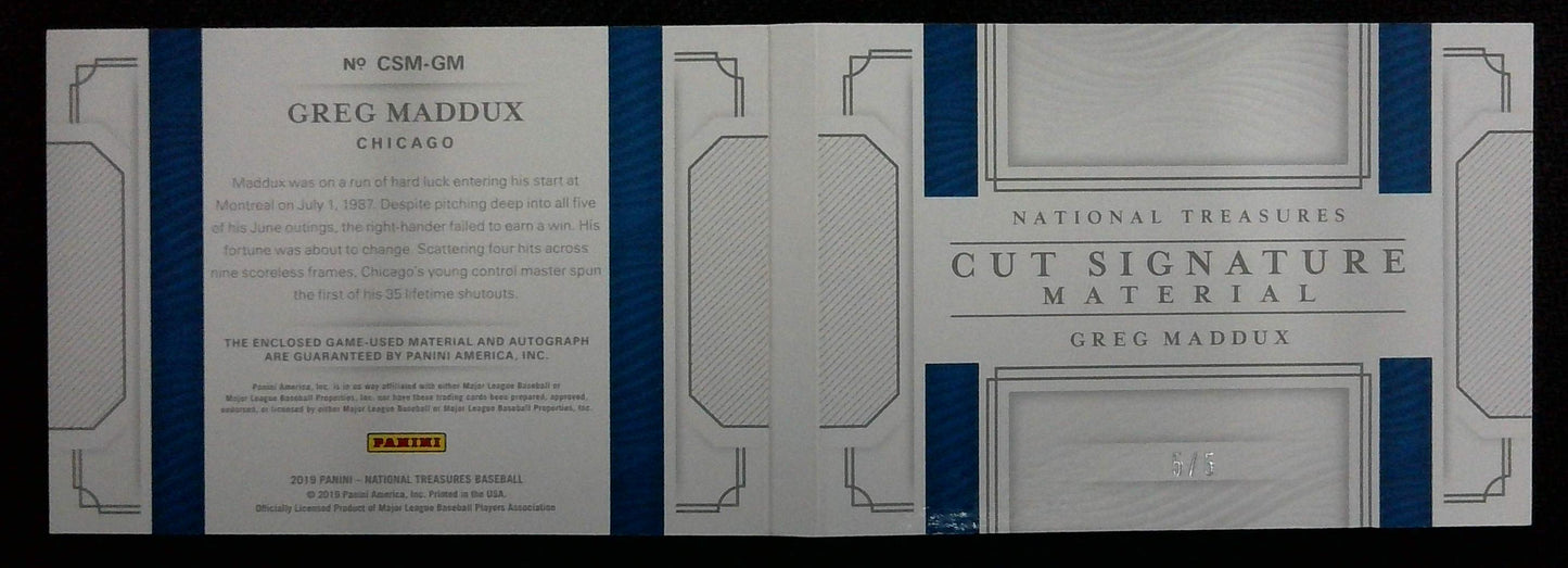 Greg Maddux 2019 Panini National Treasures Cut Signature Material Booklet SP 5/5