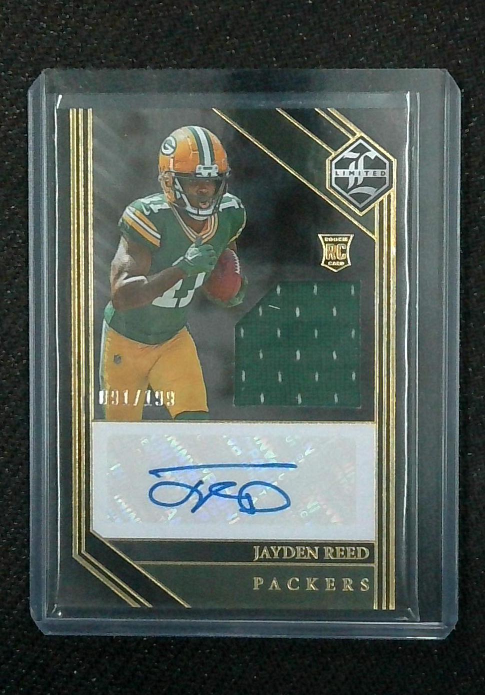 Jayden Reed 2023 Panini Limited #118 RPA 91/199 RC Rookie Patch Auto SP Packers