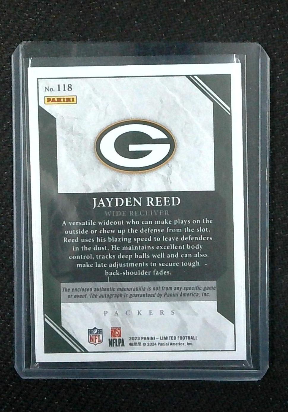Jayden Reed 2023 Panini Limited #118 RPA 91/199 RC Rookie Patch Auto SP Packers