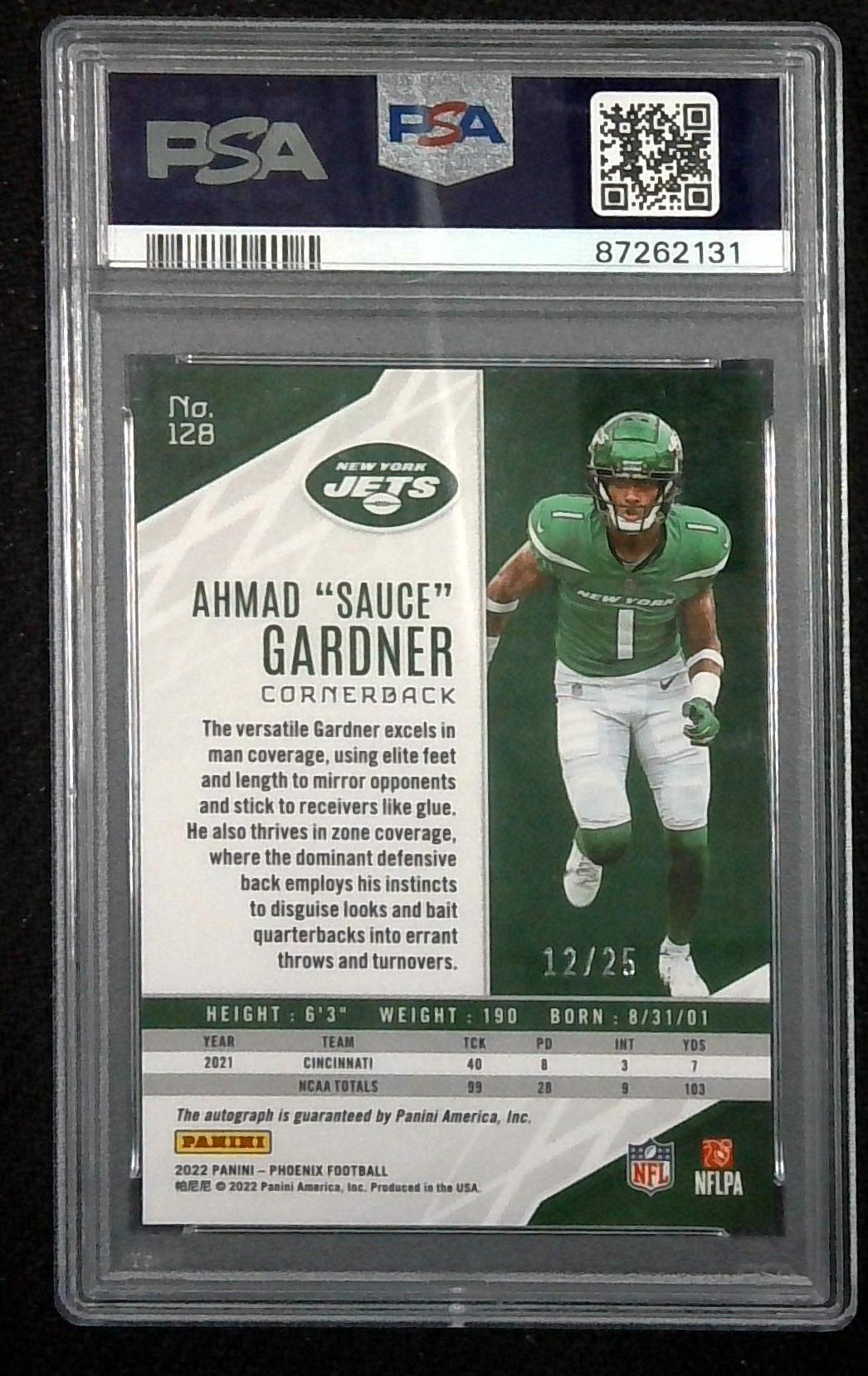 2022 Panini Phoenix Ahmad "Sauce" Gardner /25 Rookie Auto PSA 9