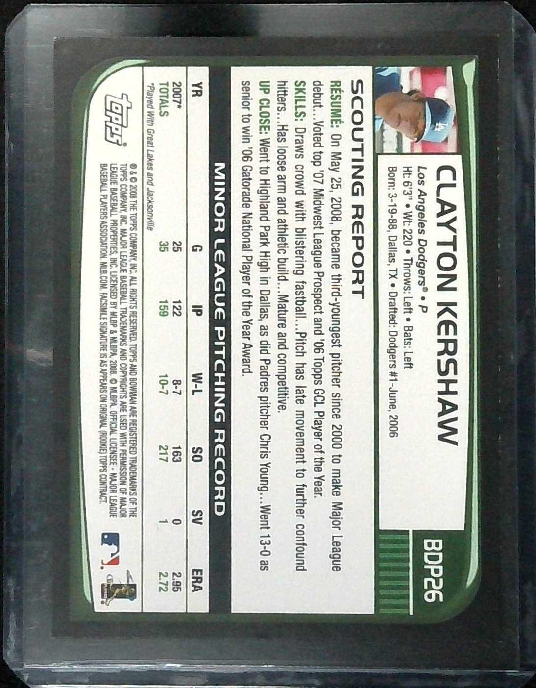 2008 Bowman Clayton Kershaw Rookie Dodgers