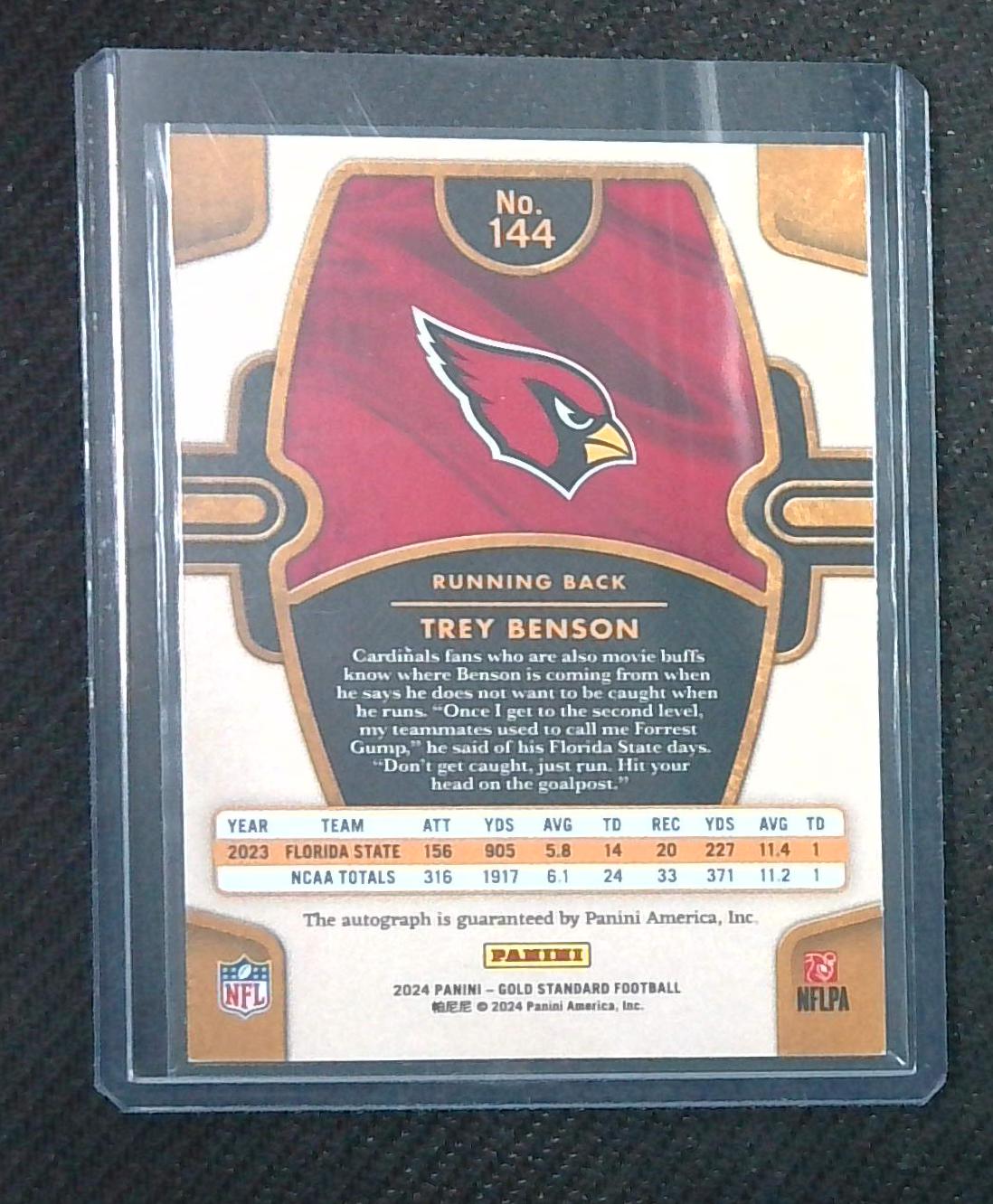TREY BENSON 2024 GOLD STANDARD ROOKIE AUTOGRAPH RC AUTO /199