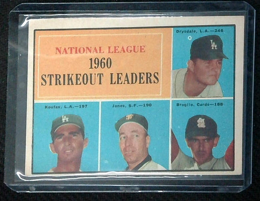 1961 Topps #49 1960 NL Strike Out Leaders Koufax, Drysdale