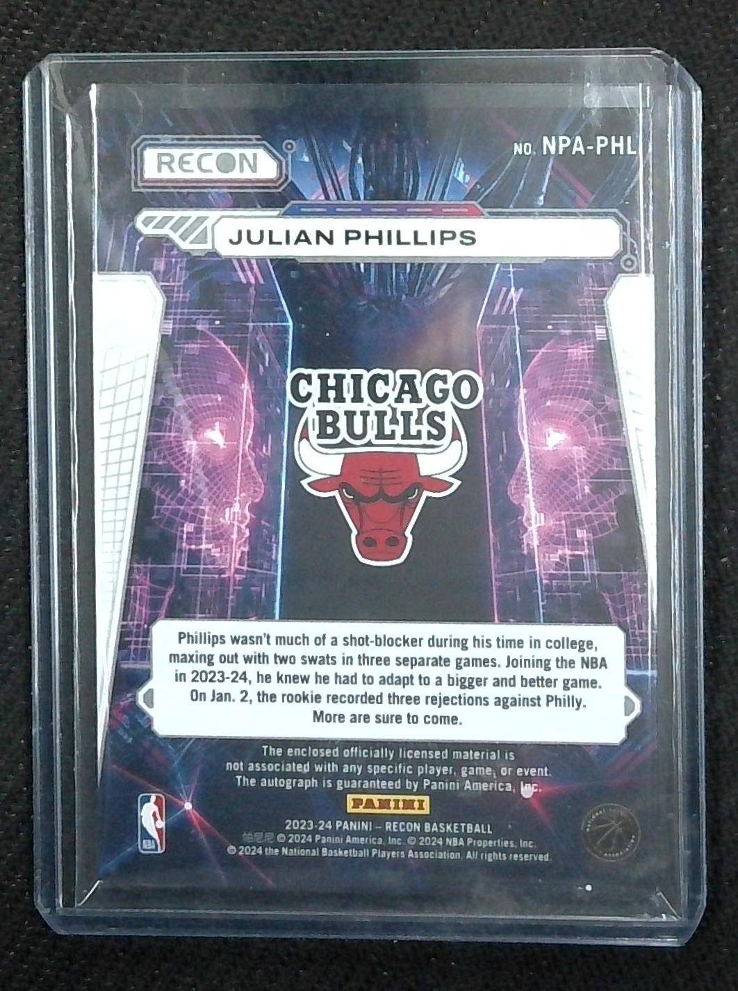 JULIAN PHILLIPS 2023-24 Panini Recon AUTO Jersey Patch /99 RPA! Rookie Bulls