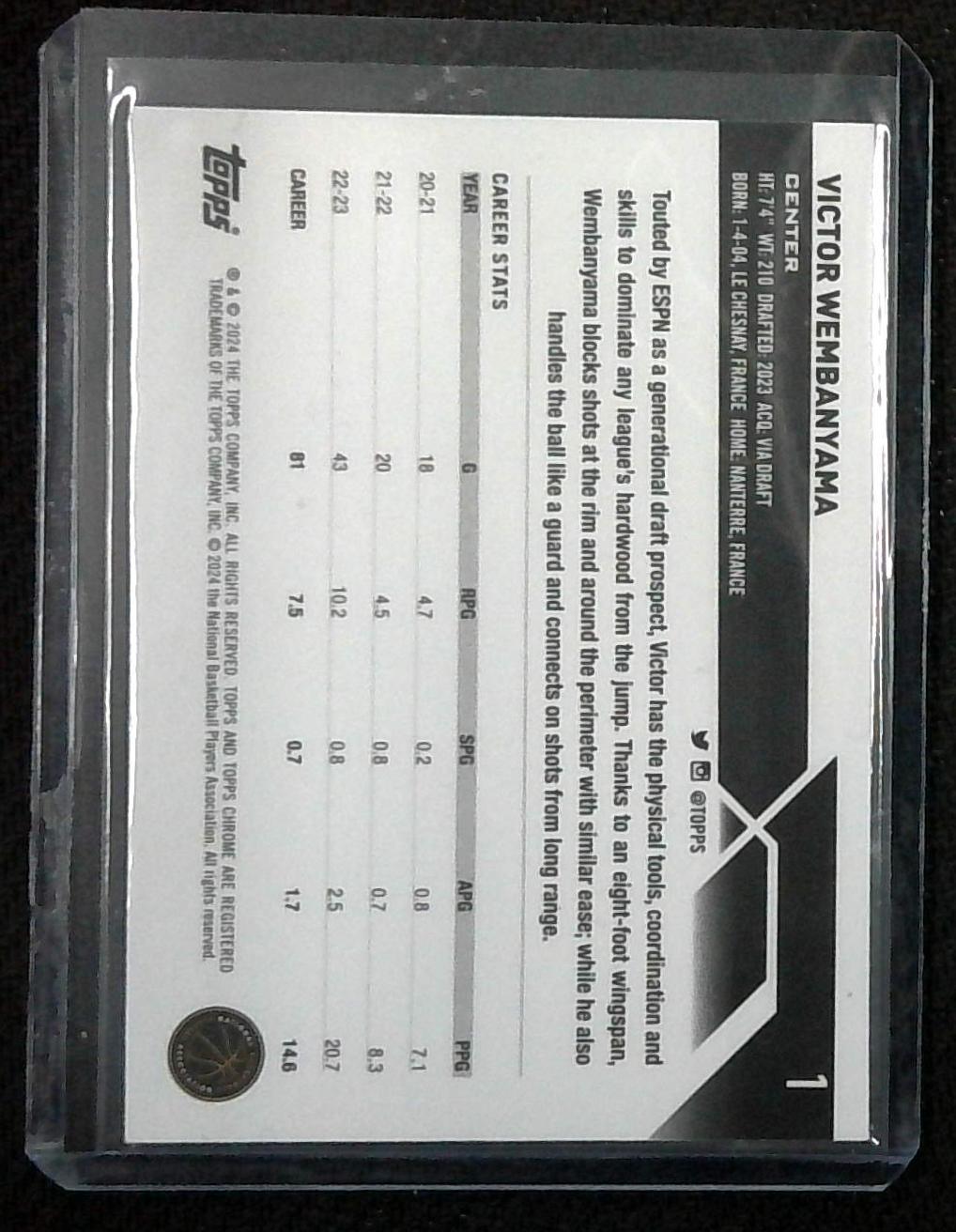 VICTOR WEMBANYAMA 2023-24 Topps Chrome RC rookie card #1 San Antonio Spurs
