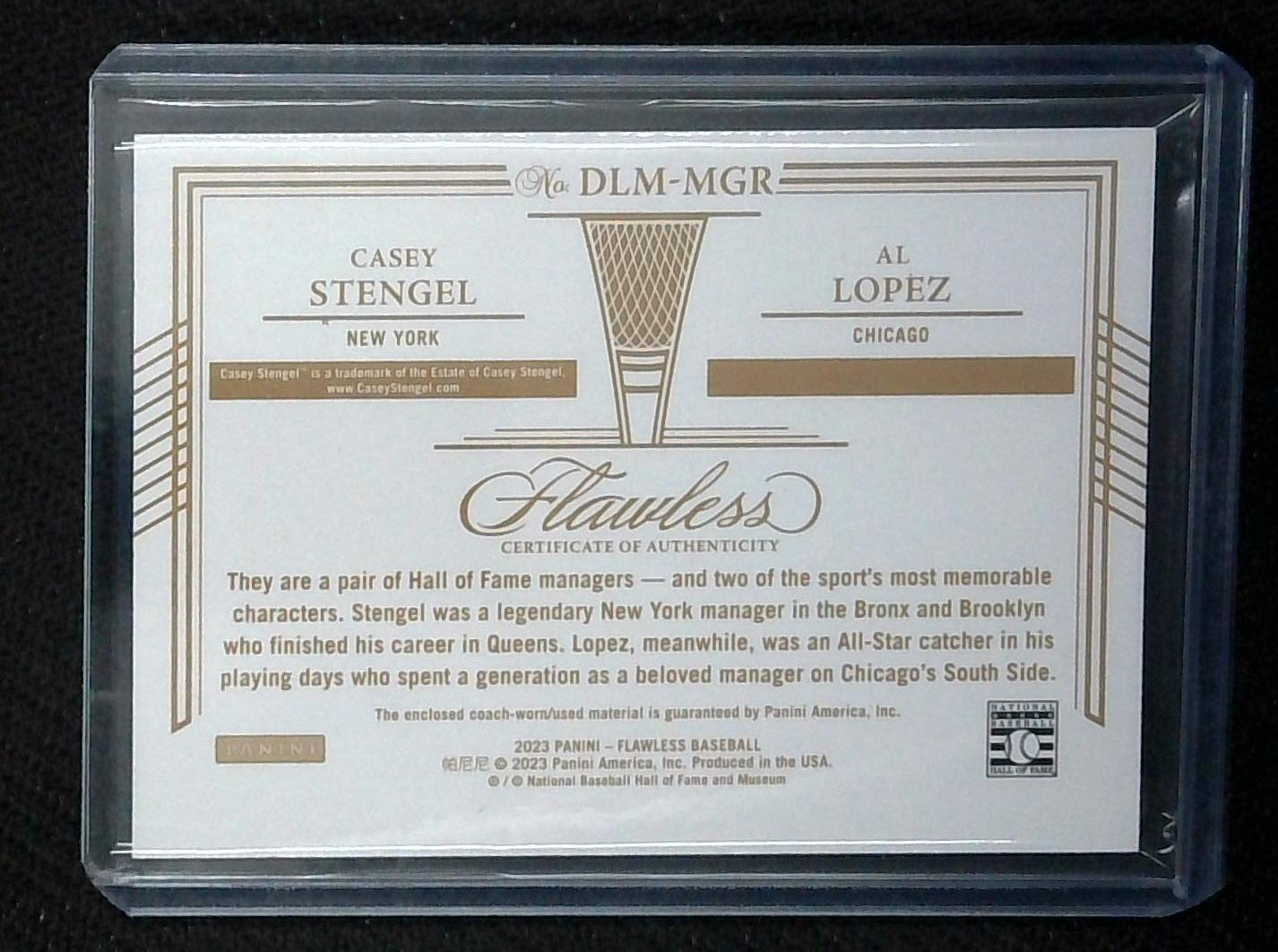 2023 Panini Flawless Dual Legends Material Casey Stengel Al Lopez 10/10 Patch Bat Relic