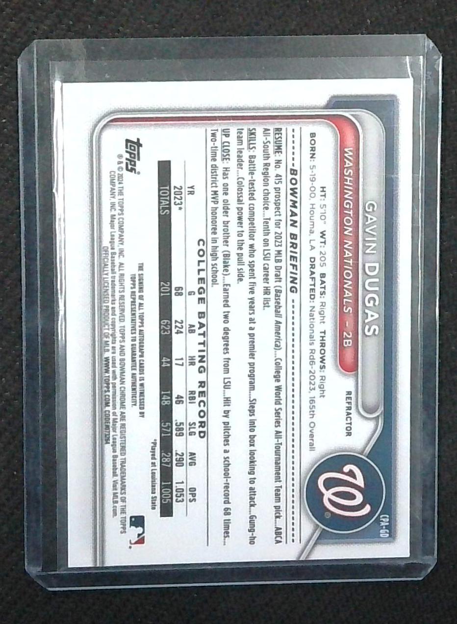 2024 Bowman Chrome Prospect Autographs Refractors #CPAGD Gavin Dugas Auto /499