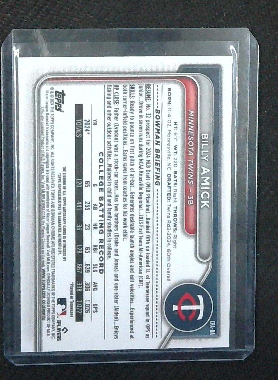 Billy Amick 2024 Bowman Draft Chrome Prospect AUTO #CPA-BA Purple #/250 TWINS
