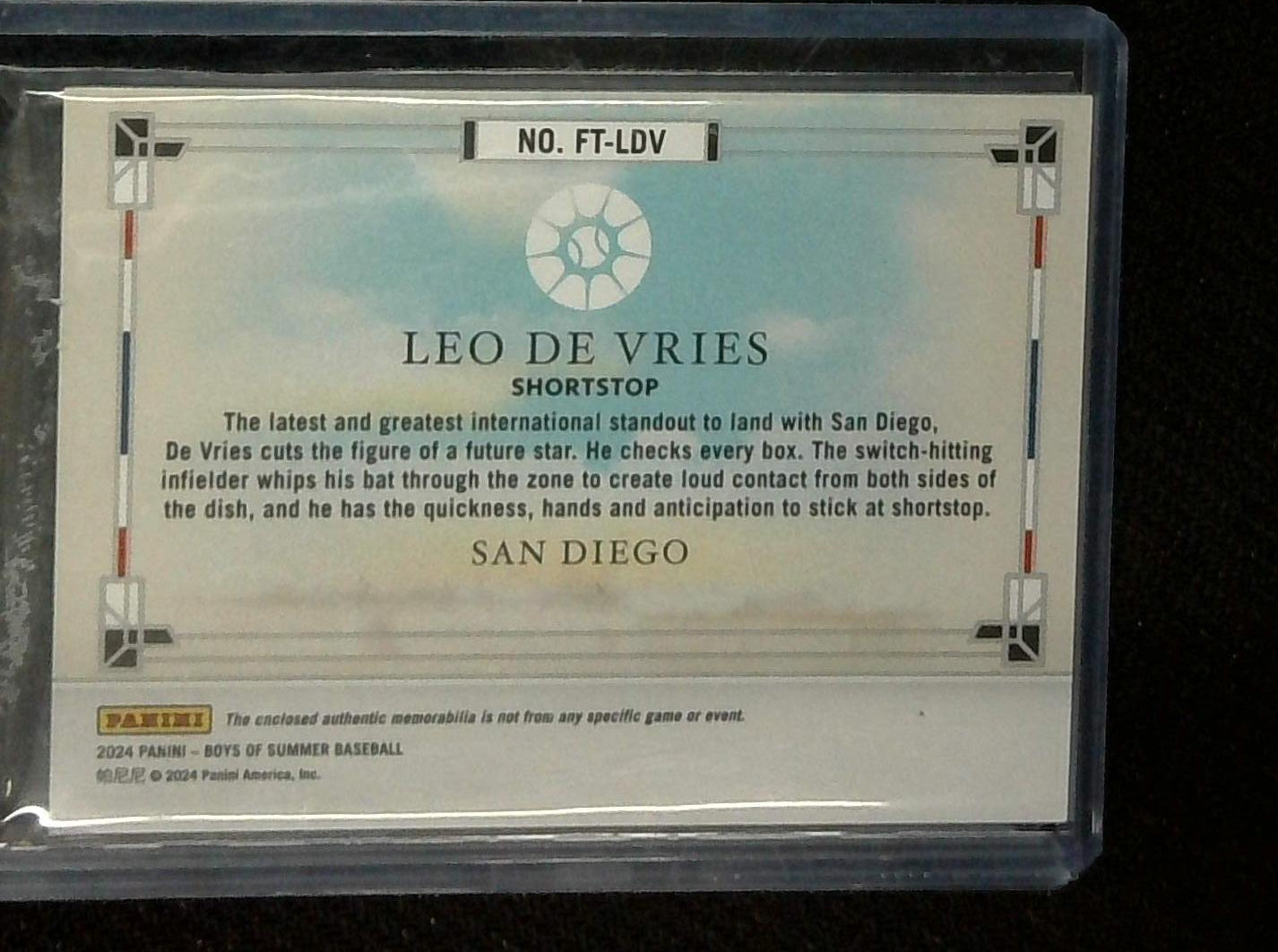 2024 Boys of Summer Leo De Vries Five Tool Materials Jersey Patch Bat /149