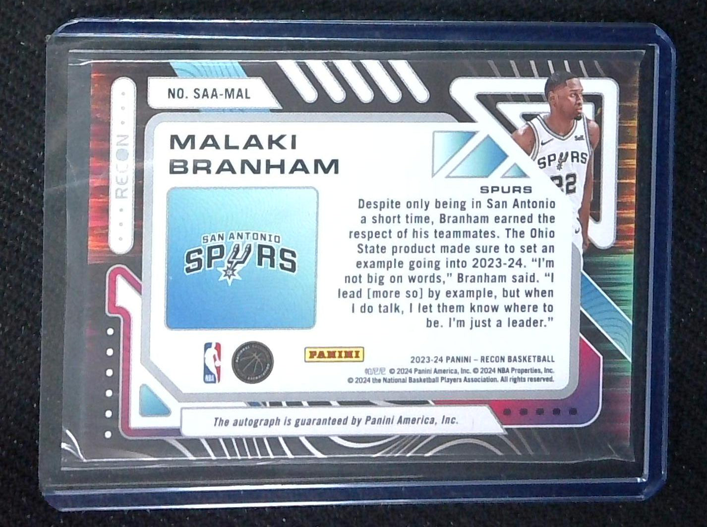 MALAKI BRANHAM 2023-24 Panini Recon Sophomore Acetate Auto Autograph /48 Spurs
